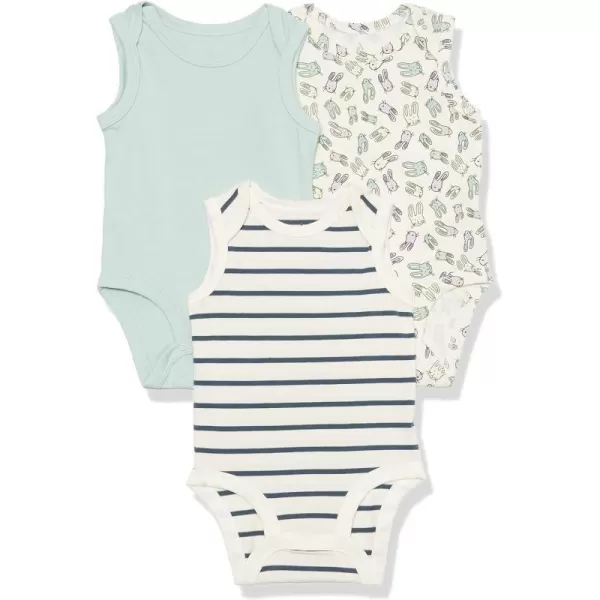 Amazon Essentials Unisex Babies Cotton Stretch Jersey Sleeveless Bodysuit Previously Amazon Aware Pack of 3BunnyPrint