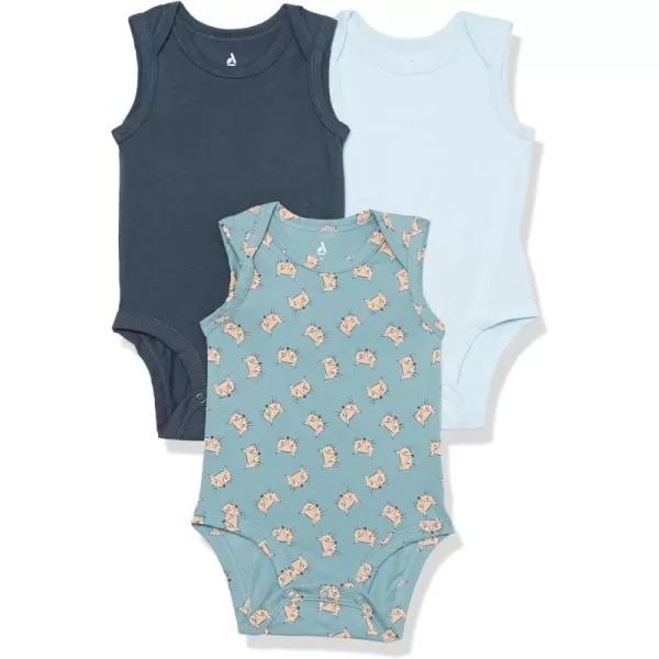 Amazon Essentials Unisex Babies Cotton Stretch Jersey Sleeveless Bodysuit Previously Amazon Aware Pack of 3Light BlueNavyPale Blue Fox Print