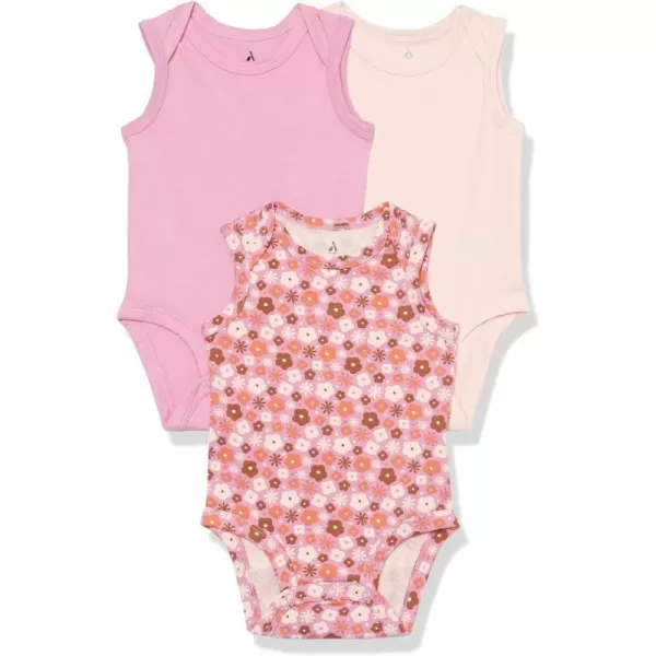 Amazon Essentials Unisex Babies Cotton Stretch Jersey Sleeveless Bodysuit Previously Amazon Aware Pack of 3Light PinkPale PeachFloral Print