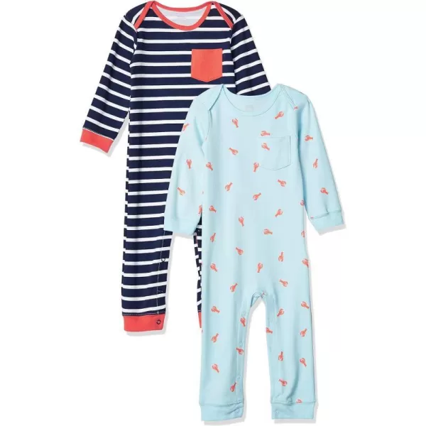 Amazon Essentials Unisex Babies LongSleeve Coveralls Multipacks2 Light BlueNavy LobsterStripe