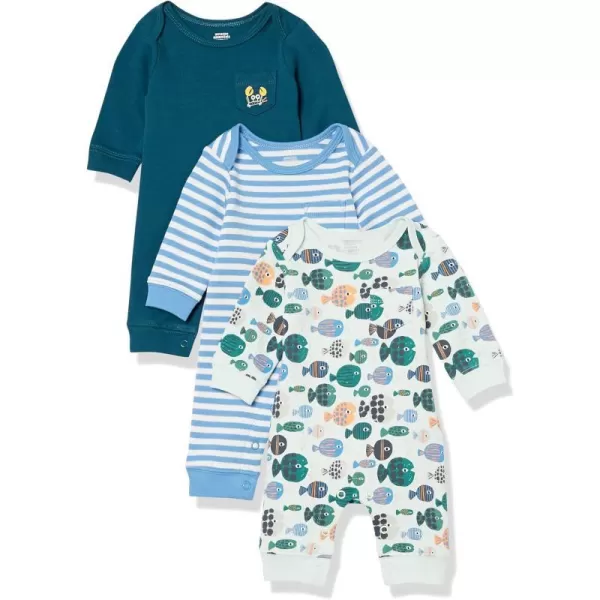 Amazon Essentials Unisex Babies LongSleeve Coveralls Multipacks3 Blue Sea Life