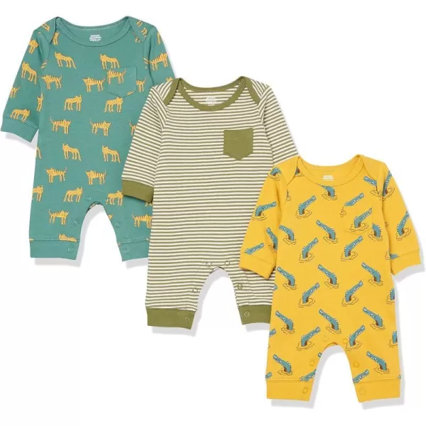 Amazon Essentials Unisex Babies LongSleeve Coveralls Multipacks3 Green Jungle