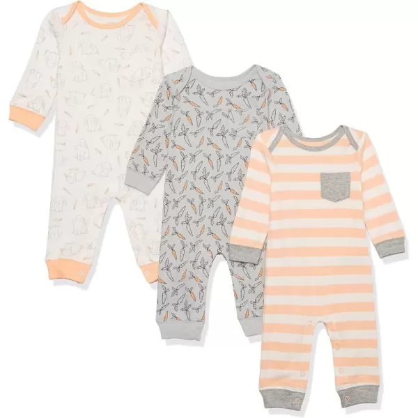 Amazon Essentials Unisex Babies LongSleeve Coveralls Multipacks3 Grey Bunny