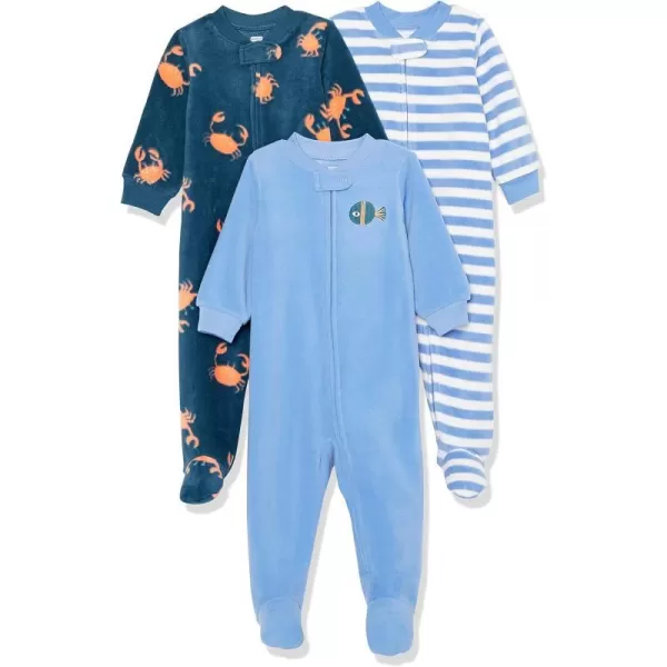 Amazon Essentials Unisex Babies Microfleece Footed ZipFront Sleep and Play Multipacks3 BlueSea Life