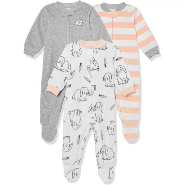 Amazon Essentials Unisex Babies Microfleece Footed ZipFront Sleep and Play Multipacks3 GreyBunny