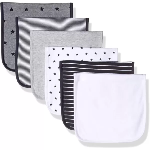 Amazon Essentials Unisex Kids Burp Cloths Pack of 6Black StripeGrey StarsWhite