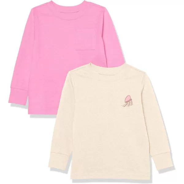 Amazon Essentials Unisex Kids and Toddlers LongSleeve Rib Cuff TShirt Pack of 2Cream JellyfishPink