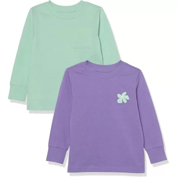 Amazon Essentials Unisex Kids and Toddlers LongSleeve Rib Cuff TShirt Pack of 2Light PurpleMint Green Flower