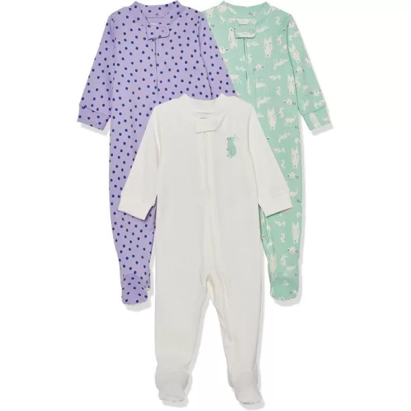 Amazon Essentials Unisex Toddlers and Babies SnugFit Cotton Footed Sleeper Pajamas Multipacks2 Mint Green Forest AnimalsPurple DotsWhite