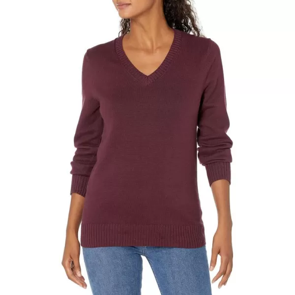 Amazon Essentials Womens 100 Cotton LongSleeve VNeck SweaterBurgundy