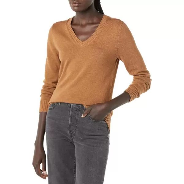 Amazon Essentials Womens 100 Cotton LongSleeve VNeck SweaterCamel Heather