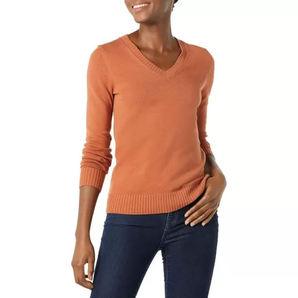 Amazon Essentials Womens 100 Cotton LongSleeve VNeck SweaterCaramel