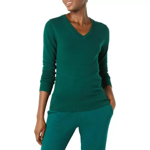 Amazon Essentials Womens 100 Cotton LongSleeve VNeck SweaterDark Green