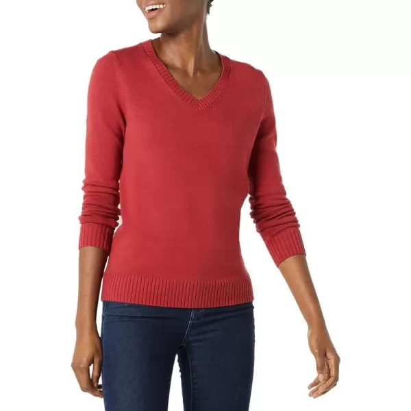 Amazon Essentials Womens 100 Cotton LongSleeve VNeck SweaterDark Red