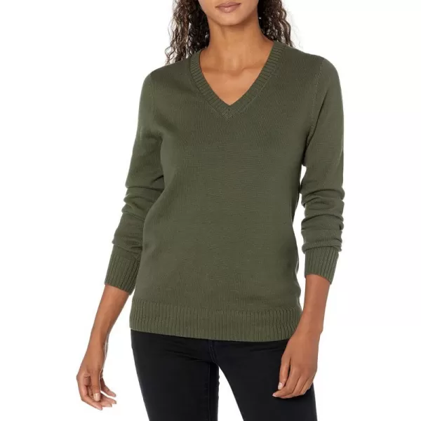 Amazon Essentials Womens 100 Cotton LongSleeve VNeck SweaterOlive