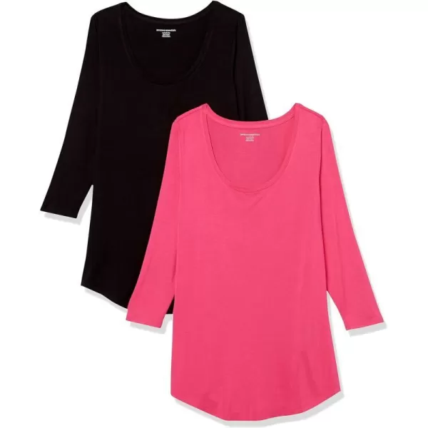 Amazon Essentials Womens 34 Sleeve Scoopneck Tunic Pack of 2BlackDark Pink