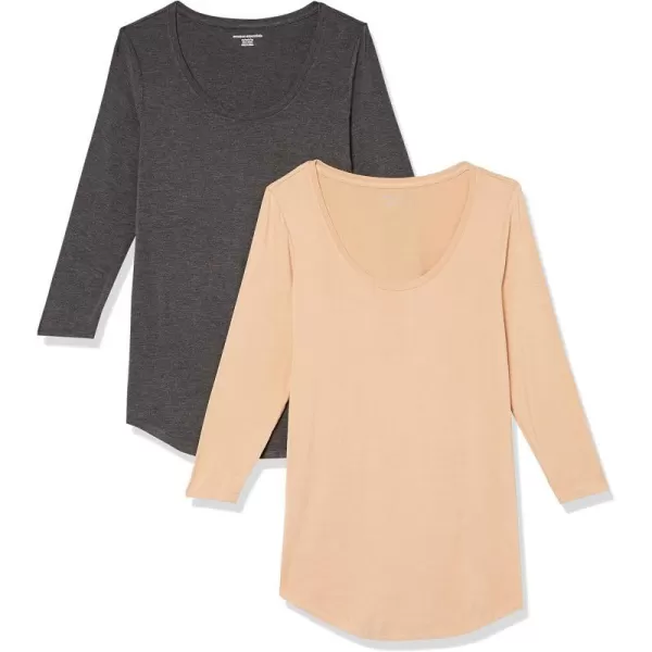 Amazon Essentials Womens 34 Sleeve Scoopneck Tunic Pack of 2Charcoal HeatherLight Camel