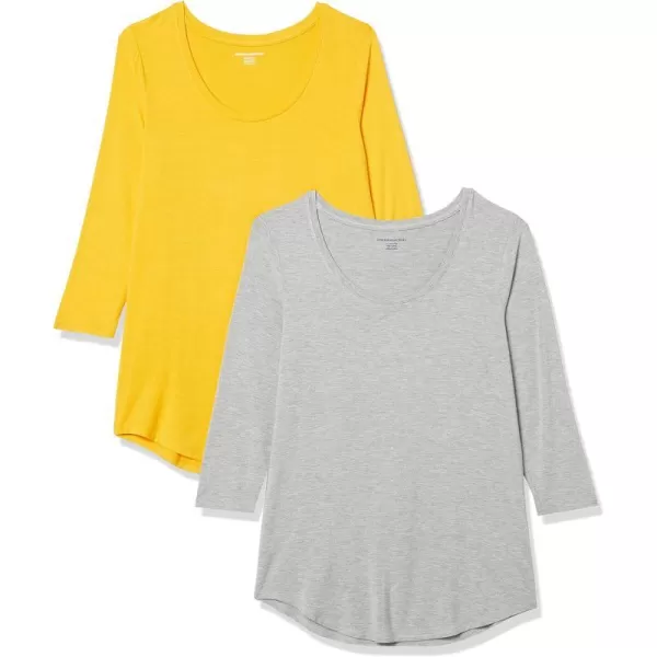 Amazon Essentials Womens 34 Sleeve Scoopneck Tunic Pack of 2Light Grey HeatherGolden Yellow