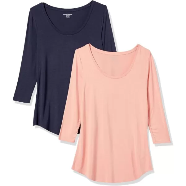 Amazon Essentials Womens 34 Sleeve Scoopneck Tunic Pack of 2NavyCoral Pink