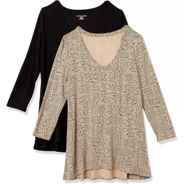 Amazon Essentials Womens 34 Sleeve VNeck Swing TShirt Available in Plus Size Pack of 2Beige LeopardBlack