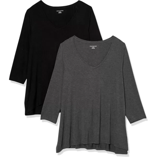 Amazon Essentials Womens 34 Sleeve VNeck Swing TShirt Available in Plus Size Pack of 2BlackCharcoal Heather