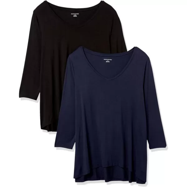 Amazon Essentials Womens 34 Sleeve VNeck Swing TShirt Available in Plus Size Pack of 2BlackNavy