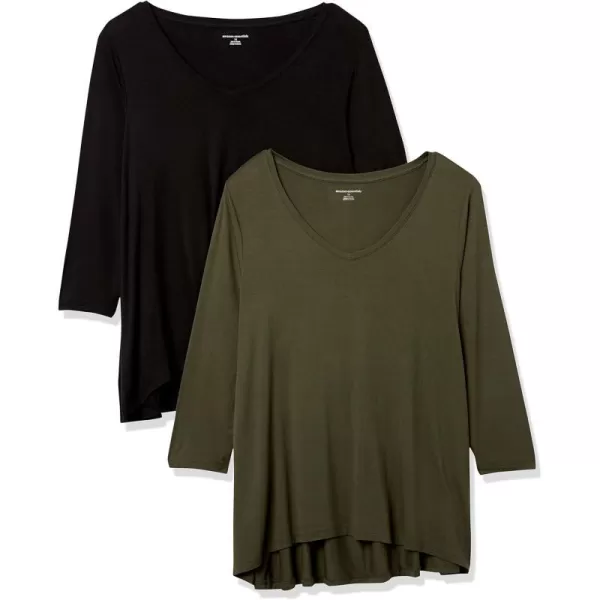 Amazon Essentials Womens 34 Sleeve VNeck Swing TShirt Available in Plus Size Pack of 2BlackOlive