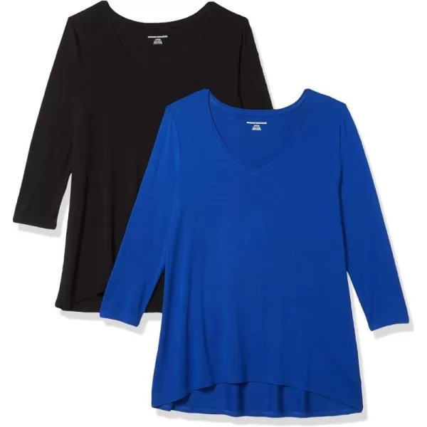 Amazon Essentials Womens 34 Sleeve VNeck Swing TShirt Available in Plus Size Pack of 2BlackRoyal Blue