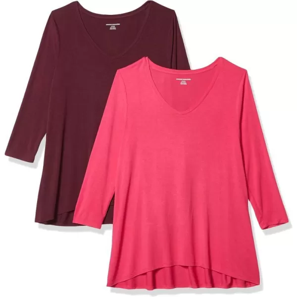 Amazon Essentials Womens 34 Sleeve VNeck Swing TShirt Available in Plus Size Pack of 2Bright PinkBurgundy