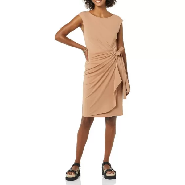 Amazon Essentials Womens Cap Sleeve BoatNeck Faux Wrap DressLight Brown