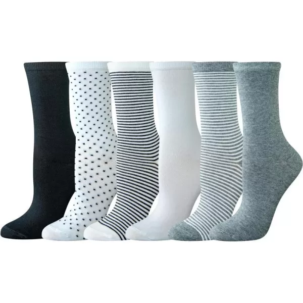 Amazon Essentials Womens Casual Crew Socks 6 PairsBlackGreyStripeDots