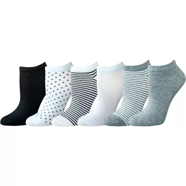 Amazon Essentials Womens Casual LowCut Socks 6 PairsBlackGreyWhiteDotsStripe