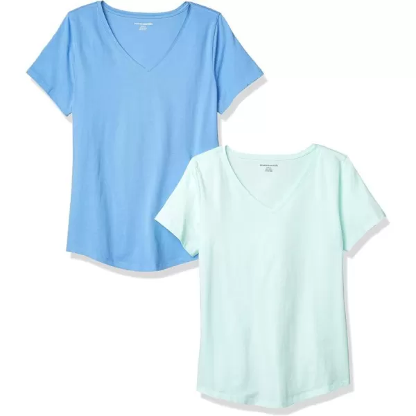 Amazon Essentials Womens ClassicFit 100 Cotton ShortSleeve VNeck TShirt Available in Plus Size Pack of 2Aqua BlueFrench Blue