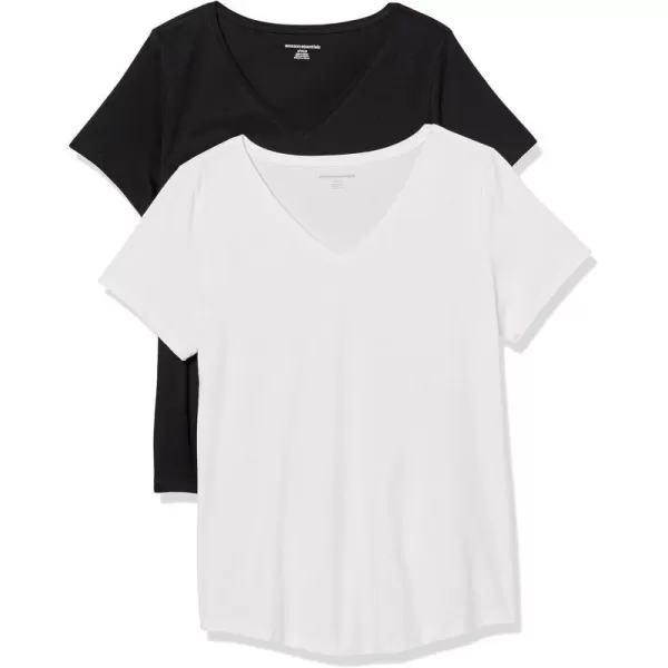 Amazon Essentials Womens ClassicFit 100 Cotton ShortSleeve VNeck TShirt Available in Plus Size Pack of 2BlackWhite