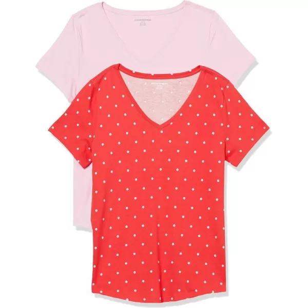 Amazon Essentials Womens ClassicFit 100 Cotton ShortSleeve VNeck TShirt Available in Plus Size Pack of 2Bright PinkRed Dots