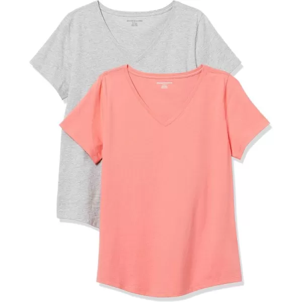 Amazon Essentials Womens ClassicFit 100 Cotton ShortSleeve VNeck TShirt Available in Plus Size Pack of 2Coral PinkLight Grey Heather