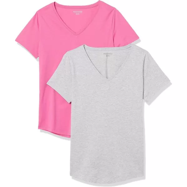 Amazon Essentials Womens ClassicFit 100 Cotton ShortSleeve VNeck TShirt Available in Plus Size Pack of 2Light Grey HeatherBright Pink