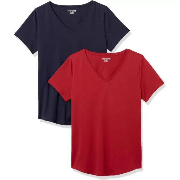 Amazon Essentials Womens ClassicFit 100 Cotton ShortSleeve VNeck TShirt Available in Plus Size Pack of 2NavyDark Red