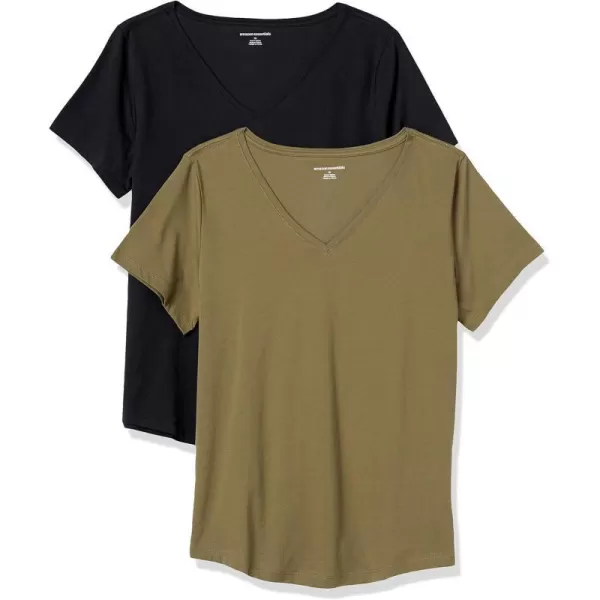 Amazon Essentials Womens ClassicFit 100 Cotton ShortSleeve VNeck TShirt Available in Plus Size Pack of 2OliveBlack