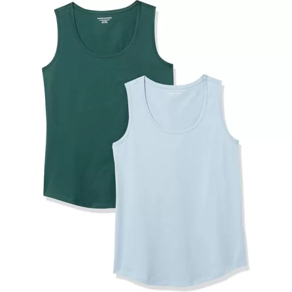 Amazon Essentials Womens ClassicFit 100 Cotton Sleeveless Tank Top Pack of 2GreenLight Blue