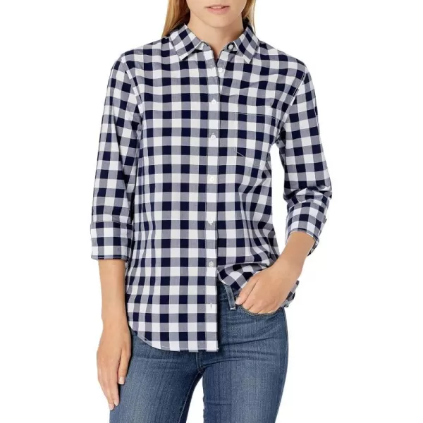 Amazon Essentials Womens ClassicFit 34 Sleeve Poplin ShirtNavy White Checked