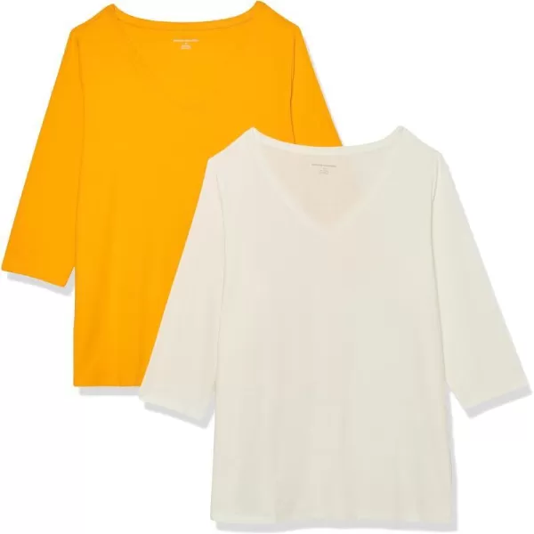 Amazon Essentials Womens ClassicFit 34 Sleeve VNeck TShirt Available in Plus Size Multipacks2 WhiteGolden Yellow