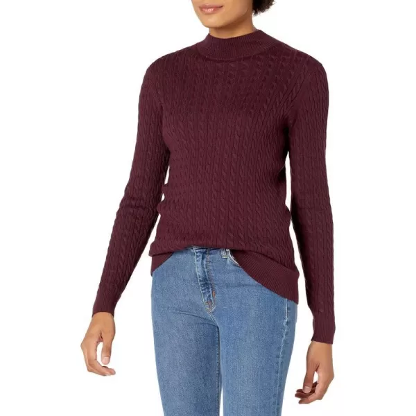 Amazon Essentials Womens ClassicFit Lightweight Cable LongSleeve Mock Neck SweaterBurgundy