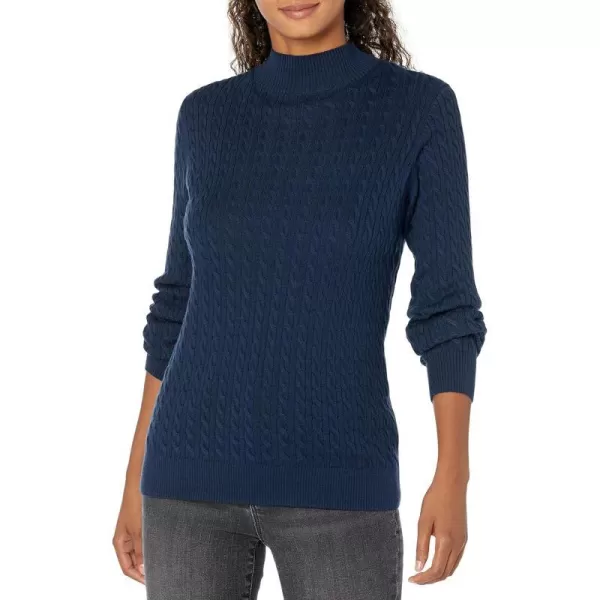 Amazon Essentials Womens ClassicFit Lightweight Cable LongSleeve Mock Neck SweaterNavy