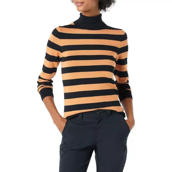 Amazon Essentials Womens ClassicFit Lightweight LongSleeve Turtleneck Sweater Available in Plus SizeBlack Camel Rugby Stripe