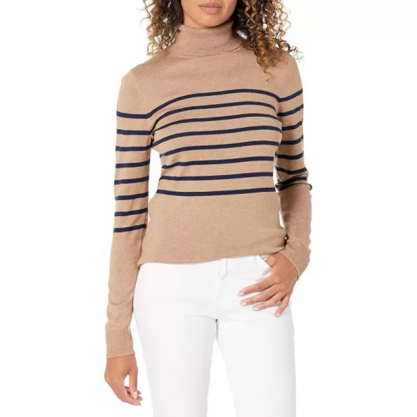 Amazon Essentials Womens ClassicFit Lightweight LongSleeve Turtleneck Sweater Available in Plus SizeCamel Navy Placed Stripe