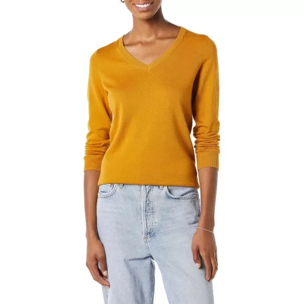 Amazon Essentials Womens ClassicFit Lightweight LongSleeve VNeck Sweater Available in Plus SizeDark Golden Yellow