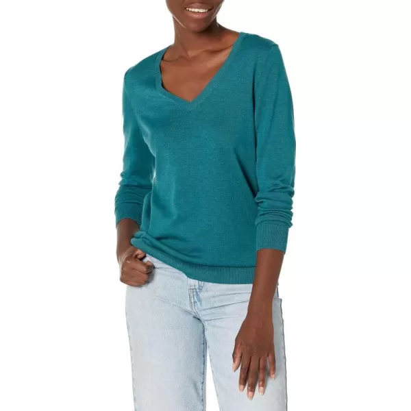 Amazon Essentials Womens ClassicFit Lightweight LongSleeve VNeck Sweater Available in Plus SizeTeal Blue Heather