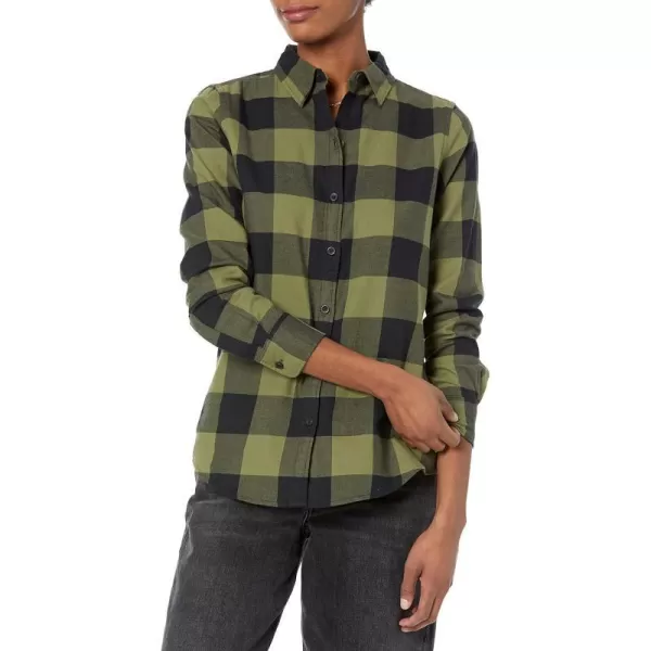 Amazon Essentials Womens ClassicFit LongSleeve Lightweight Plaid Flannel ShirtBlack Olive Buffalo Check