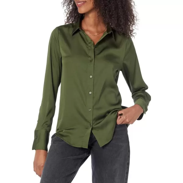 Amazon Essentials Womens ClassicFit Satin Button Down Blouse Available in Plus SizeDark Olive